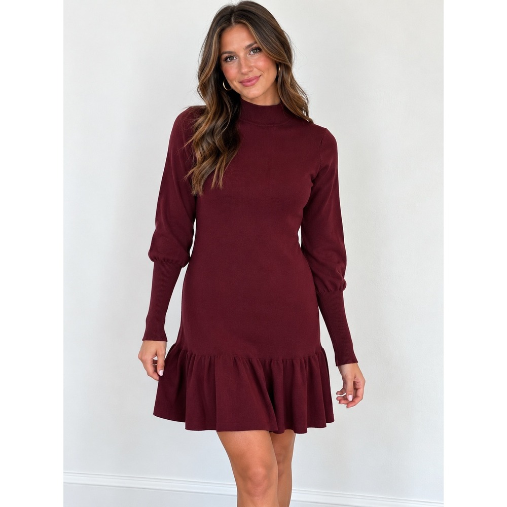 Sundays by We Are Sundays Sweater Dress L Burgundy Mock Neck Ruffle Hem Womens
